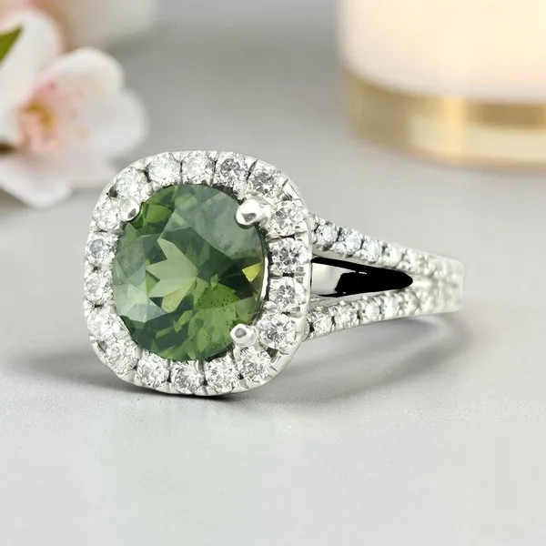 Repurposed vintage white gold ring with green zircon and natural diamonds, SKU K330