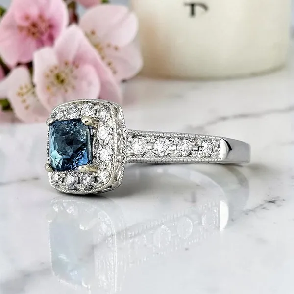 14K white gold repurposed vintage halo ring with teal sapphire, SKU K2016